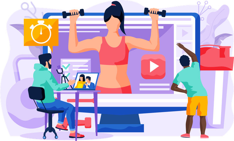 Man repeat exercises behind a girl trainer on a computer monitor  Illustration