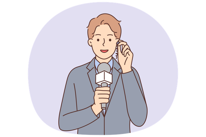 Man reporter with microphone and earpiece informs TV viewers about important news live  Illustration