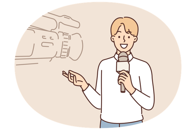 Man reporter with microphone stands near professional video camera filming TV documentary  Illustration