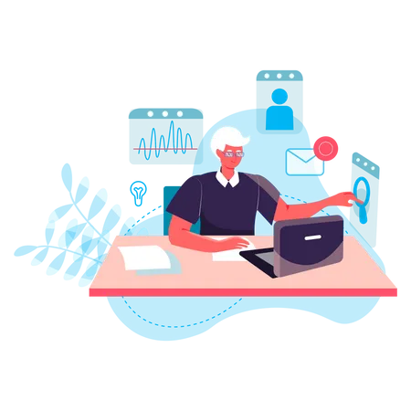 Business Process Concept Man Analyst Working At Laptop Analyzes Data Researching Statistics Accounting And Consulting Character Scene Vector Illustration In Flat Design With People Activities イラスト