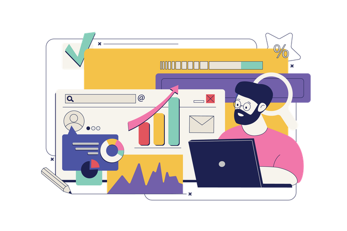 Man researching statistic diagrams  Illustration