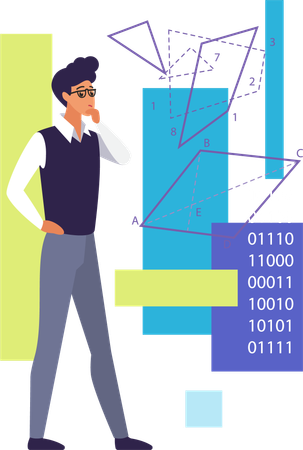 Homem resolvendo código binário  Ilustração