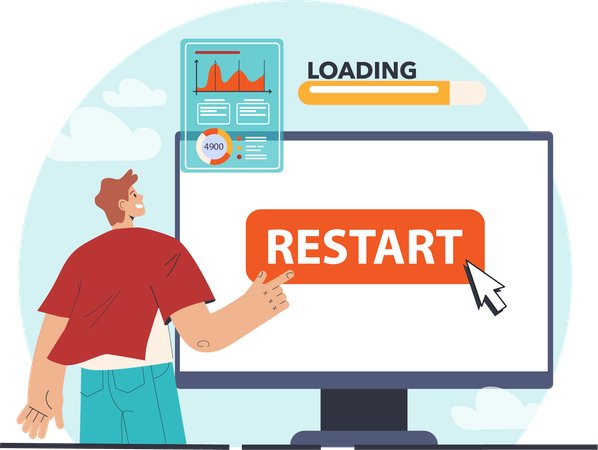 Man restart desktop while loading business report  Illustration