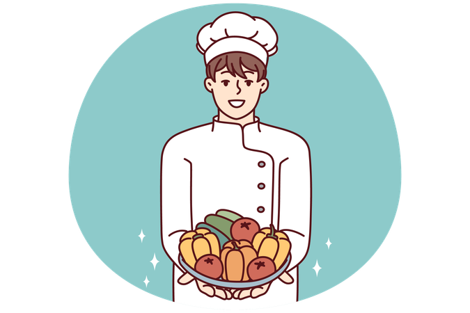 Man restaurant chef holds plate with fresh vegetables offering to make vegetable salad  Illustration