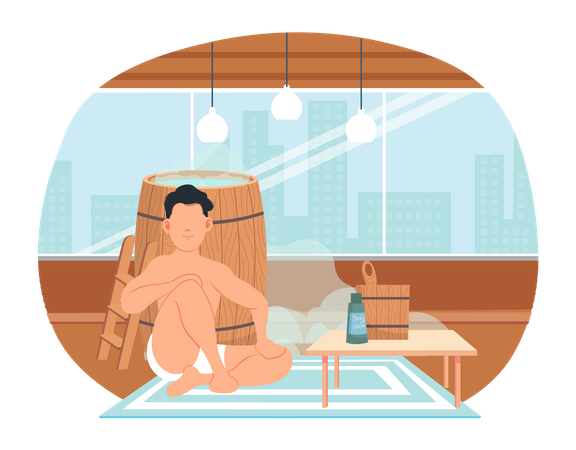 Man resting sitting near wooden tub in apartment  Illustration