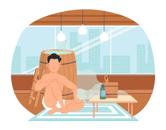 Man resting sitting near wooden tub in apartment  Illustration