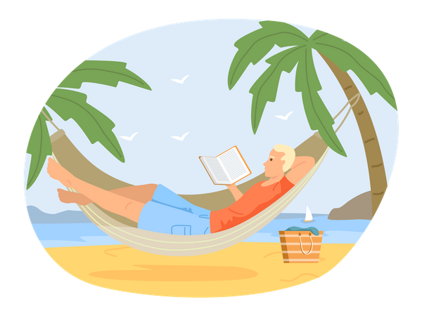 Man rests lies on hammock and reads book  Illustration