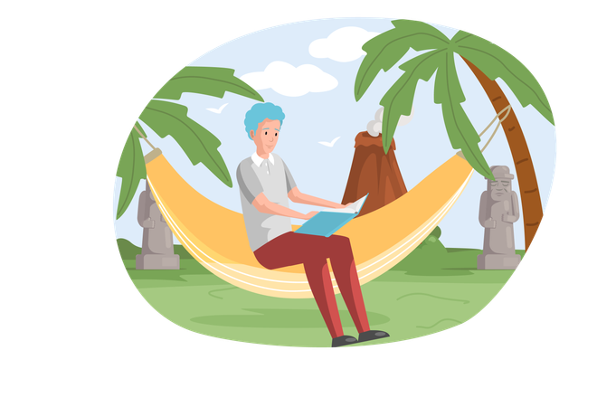 Man rests sits on hammock and reads  Illustration