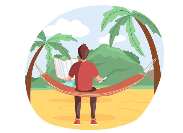 Man rests sits on hammock and reads  Illustration