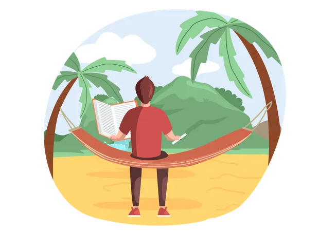 Man rests sits on hammock and reads  Illustration