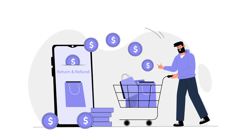 Man return shopping product while getting shopping refund  Illustration