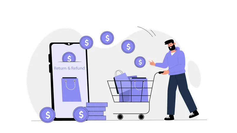 Man return shopping product while getting shopping refund  Illustration
