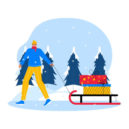 Man ride gift sleigh Illustration