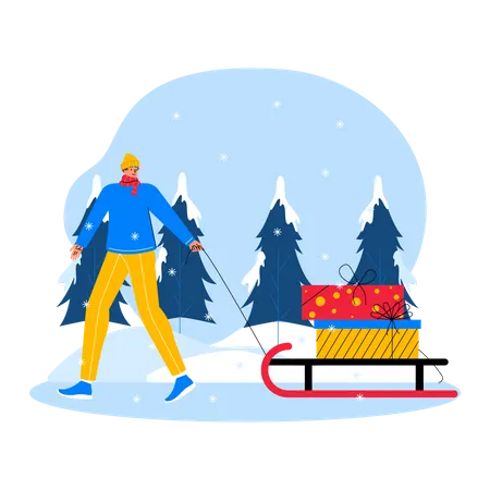 Man ride gift sleigh  Illustration