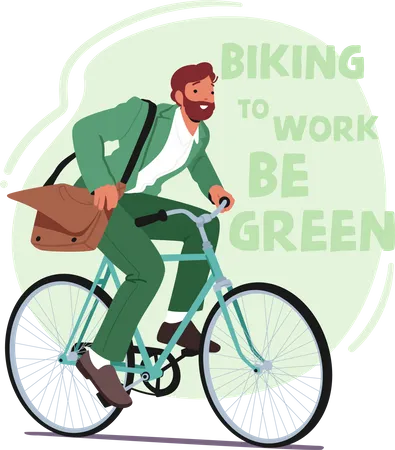 Eco Friendly Man Rides A Bike To Work For Sustainability And Health Reducing Carbon Footprint And Promoting A Healthy Lifestyle Male Character Cycling Cartoon People Vector Illustration Poster Illustration