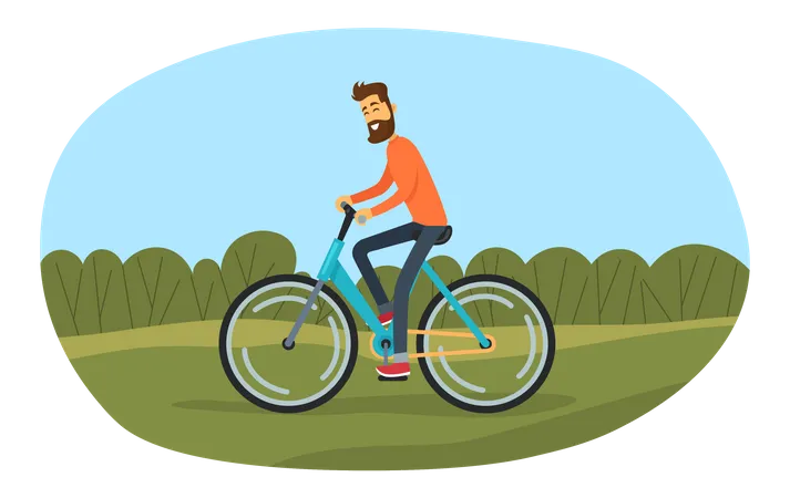 Man rides bicycle on sandy road in forest  Illustration