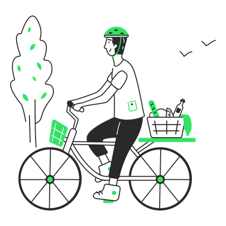 Man rides bike to picnic Illustration