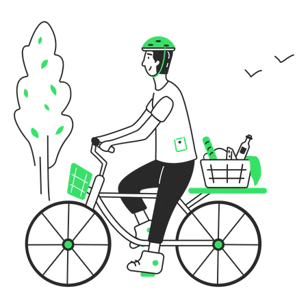 Man rides bike to picnic  Illustration