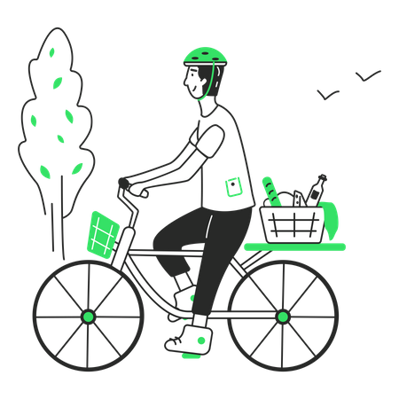 Man rides bike to picnic  Illustration