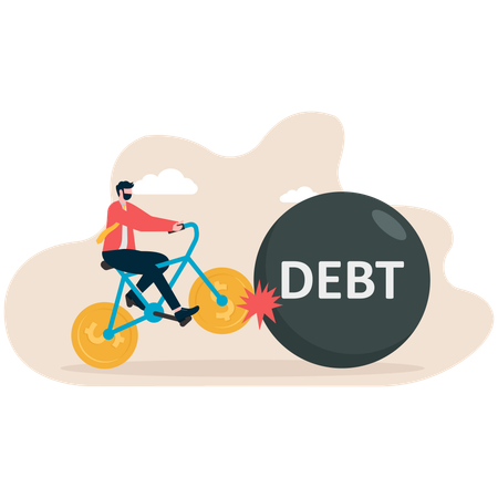 Man riding a credit card hits the iron ball of debt  Illustration