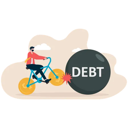 Man riding a credit card hits the iron ball of debt  Illustration