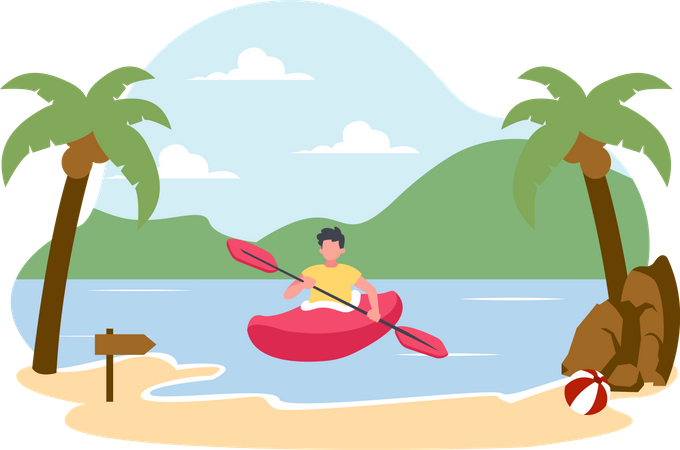 Man riding a kayak at a tropical beach  Illustration