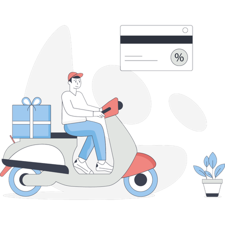 Man riding a scooter carries a colorful gift box in his lap smiling as he enjoys his ride  Illustration
