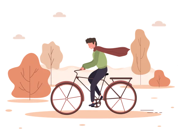Autumn Background Cartoon Young Man Ride On Bicycle In Park Healthy Lifestyle Eco Transportation Modern Vector Illustration In Flat Style Illustration