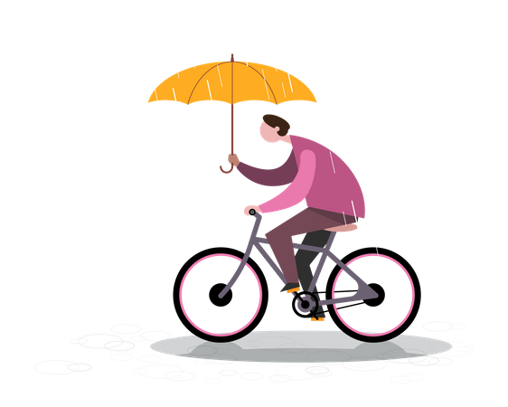 Man riding bicycle during rainy season Illustration