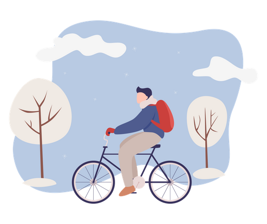 Man riding bicycle during winter season  Illustration