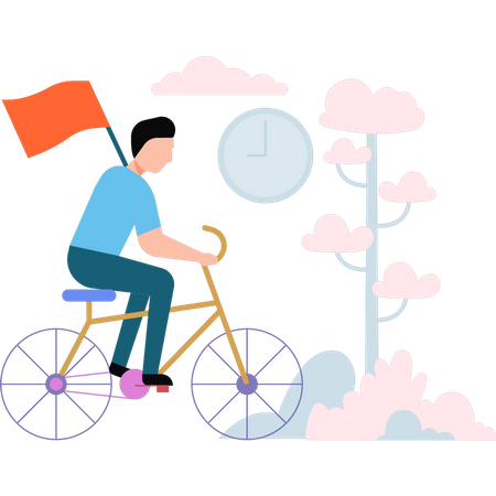 Man riding bicycle holding flag  Illustration