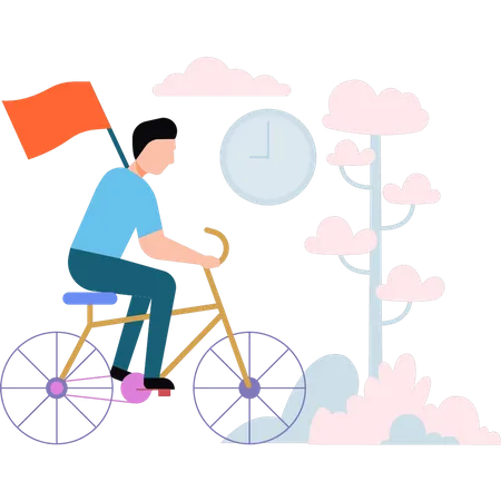 A Boy Is Riding A Bicycle Holding A Flag Illustration
