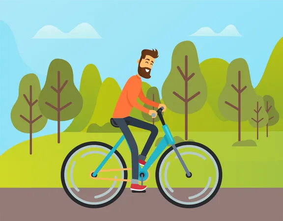Man Riding Bicycle Outdoor Side View Of Boy In Casual Clothes Smiling Boy With Beard Going Near Trees And Mountain Landscape Biking Weekend Vector Illustration