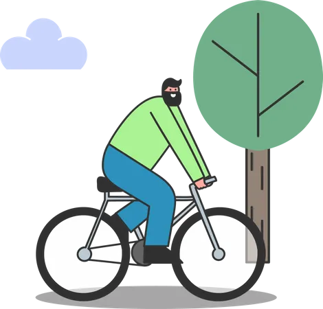 Cartoon Man Riding Bike Over Trees Background Smiling Man On Cycle Healthy Lifestyle And Transport Concept Guy Bicycling To Work Or For Fitness Flat Vector Illustration Illustration