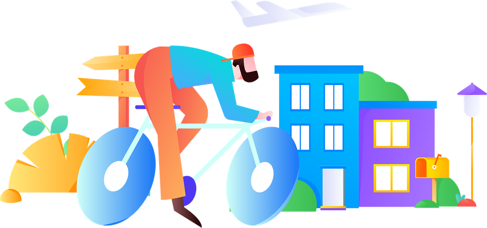 Man riding bicycle near his home  Illustration