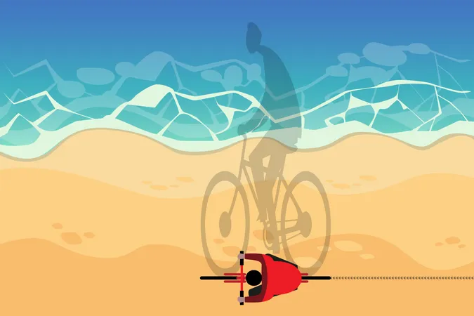 Man riding bicycle on beach near seashore  イラスト
