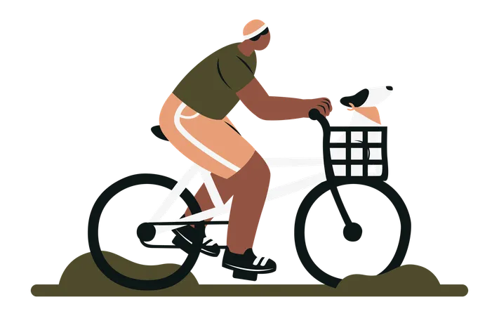 Man Riding Bicycle with Dog in Basket  Illustration