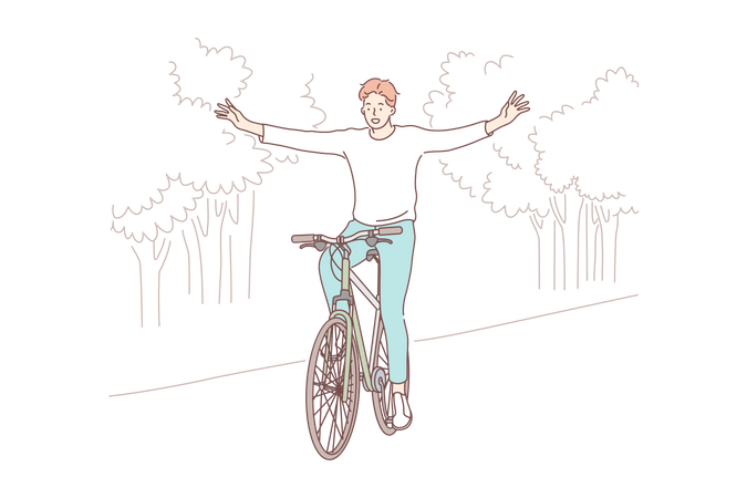 Man riding cycle in park  Illustration