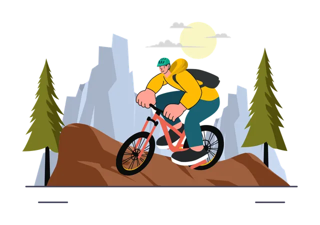 Man riding cycle up on mountains  Illustration