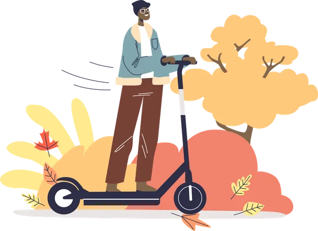 Man riding electric kick scooter in autumn park  Illustration