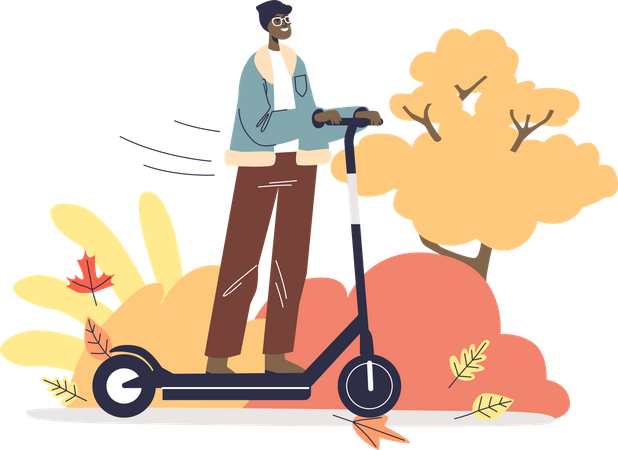Man riding electric kick scooter in autumn park  Illustration