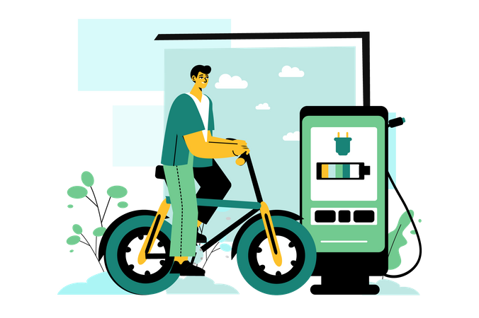 Man riding EV bike and tracking battery usage via mobile app  Illustration