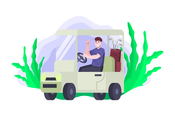 Man riding golf cart  Illustration