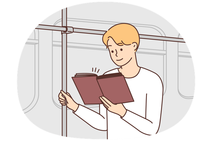 Man riding in bus reading book in public transport  Illustration