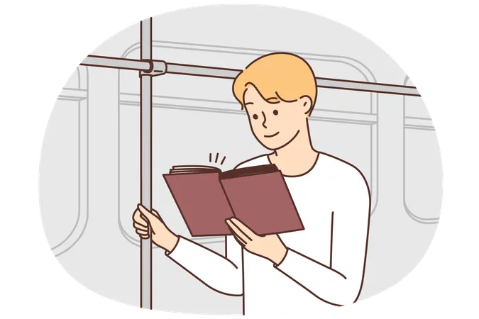 Man riding in bus reading book in public transport  Illustration