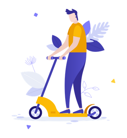 Man riding kick scooter Illustration