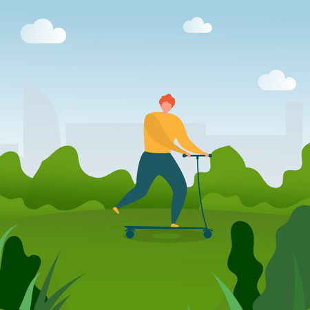 Man Riding Kick Scooter in Park  Illustration