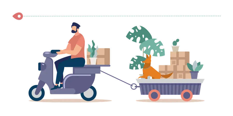 Man Riding Motor Scooter, Pulling Trailer Full of Home Stuff and Things Packed in Cardboard Boxes, Flowerpots with Live Plants and Dog  Illustration