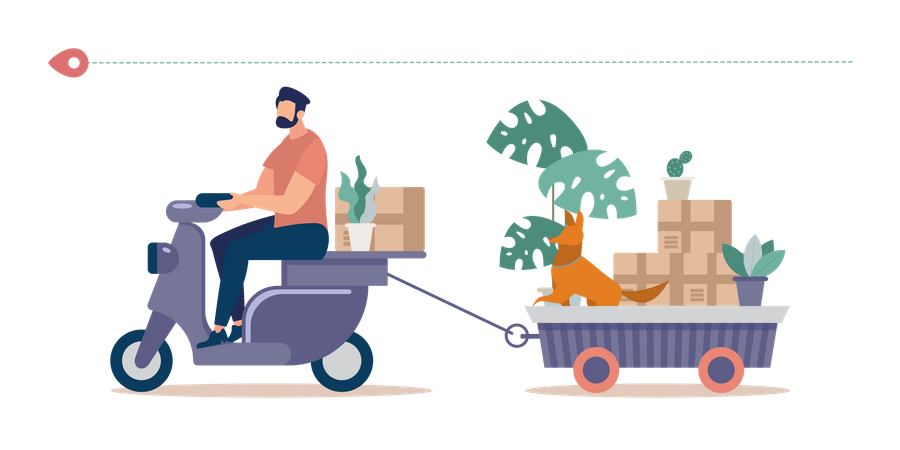 Man Riding Motor Scooter, Pulling Trailer Full of Home Stuff and Things Packed in Cardboard Boxes, Flowerpots with Live Plants and Dog  Illustration