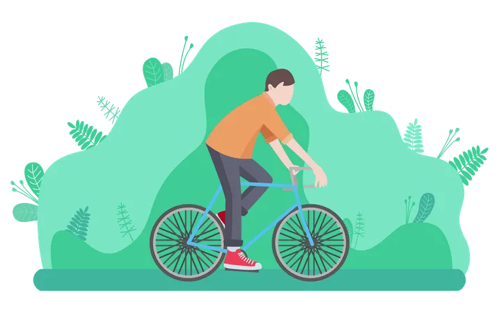 Man Riding On Bike Isolated Cartoon Character Vector Young Male Cycling On Bicycle Among Green Leaves And Bushes Happy Person And Active Way Of Life Illustration
